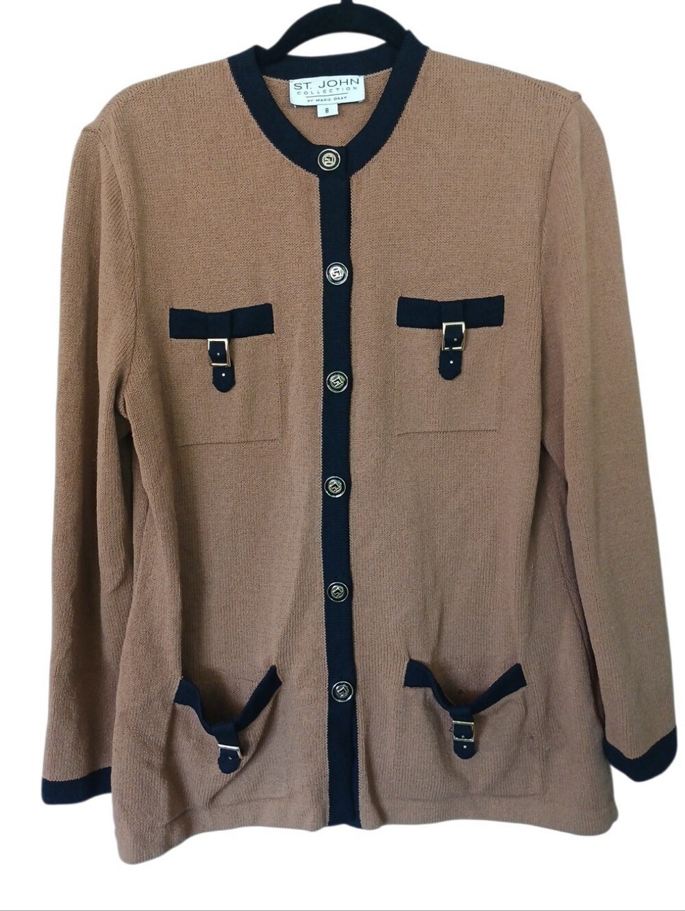 St. John Collection Vintage Camel Knit Cardigan with Black Trim Size 8